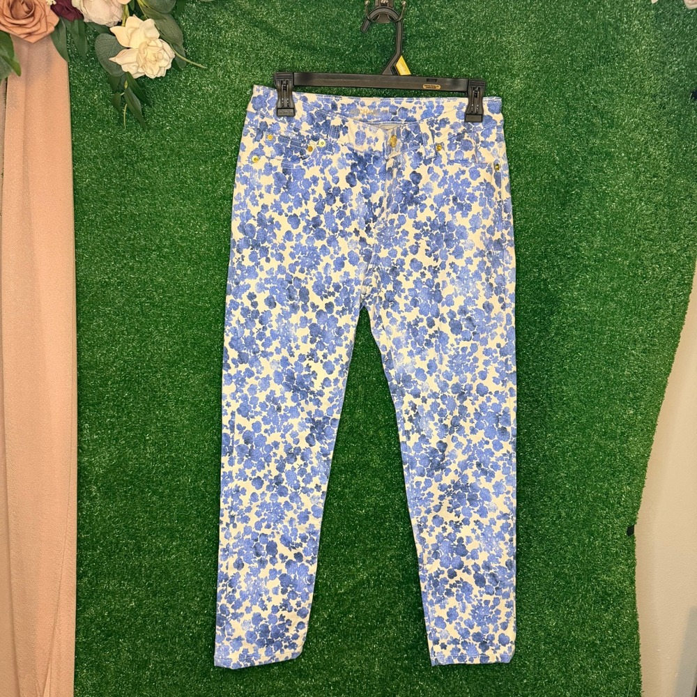 Michael Kors Blue White Floral Skinny Jeans Women's Size 4 Gold Hardware